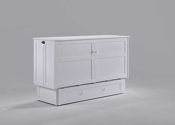A white cabinet with drawers underneath it on a gray background.