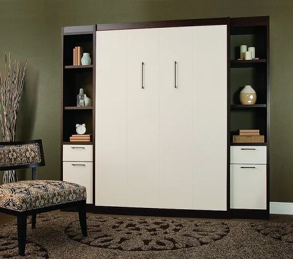 A room with a wall mounted bed and a chair