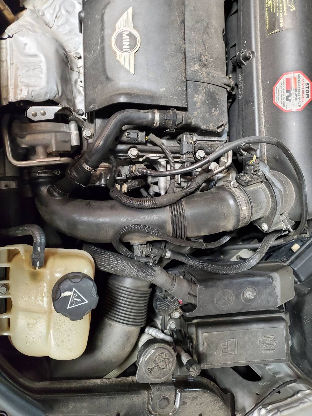 Engine bay of a Mini Cooper, showing air intake, hoses, coolant reservoir, and various components.