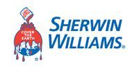 Sherwin-Williams logo with red paint can mascot and blue company name on white background