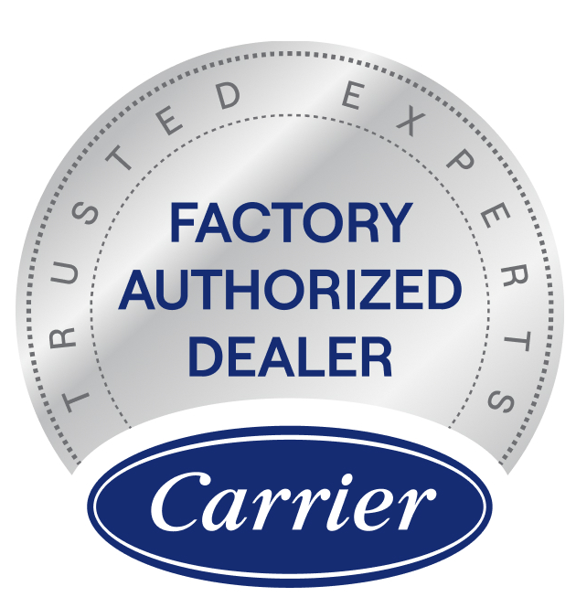 Carrier Factory Authorized Dealer seal. Silver with blue text and logo.