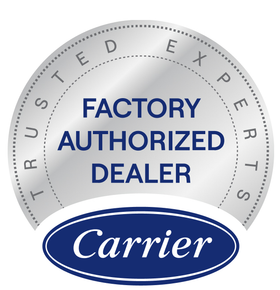 Carrier Factory Authorized Dealer seal. Silver with blue text and logo. 