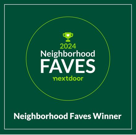 A green circle with the words `` Neighborhood Faves Winner'' on it.