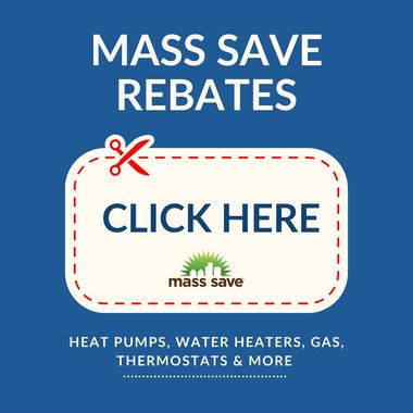 A mass save rebate advertisement for heat pumps water heaters gas thermostats and more