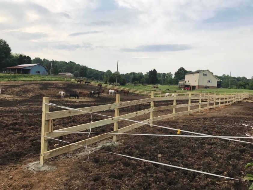 Wooden fence surrounds a field with horses and a farm in the background under a cloudy sky.