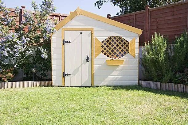 Playhouse in a sunny backyard, white with yellow trim, a latticework window, and a door.