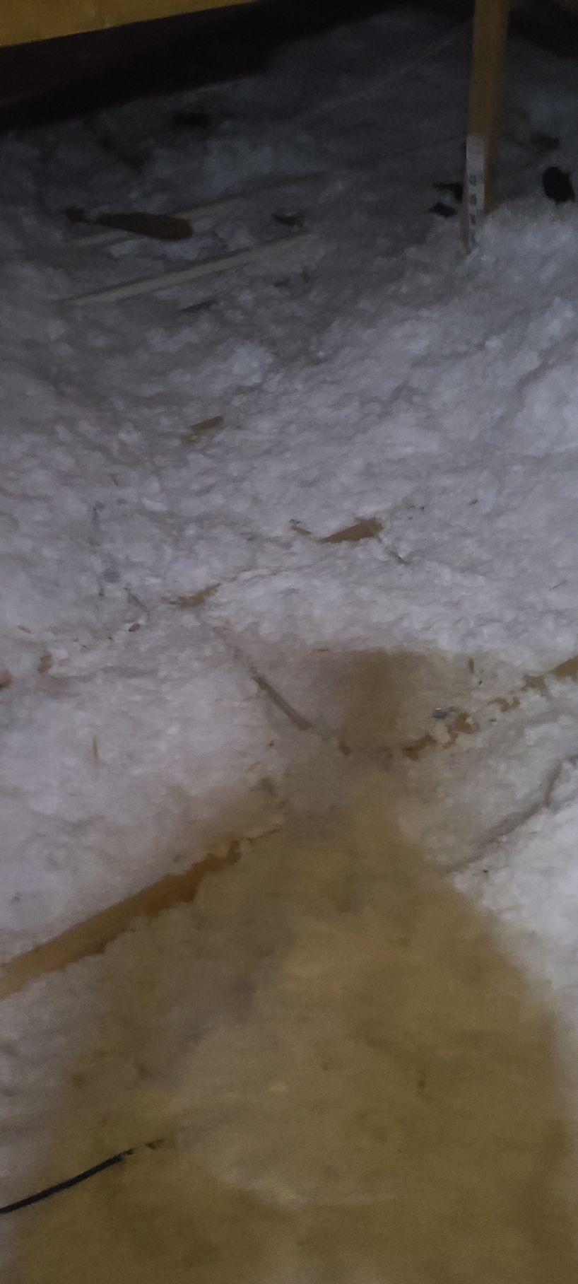 An attic space with insulation and visible support beams. The floor has light and dark areas.