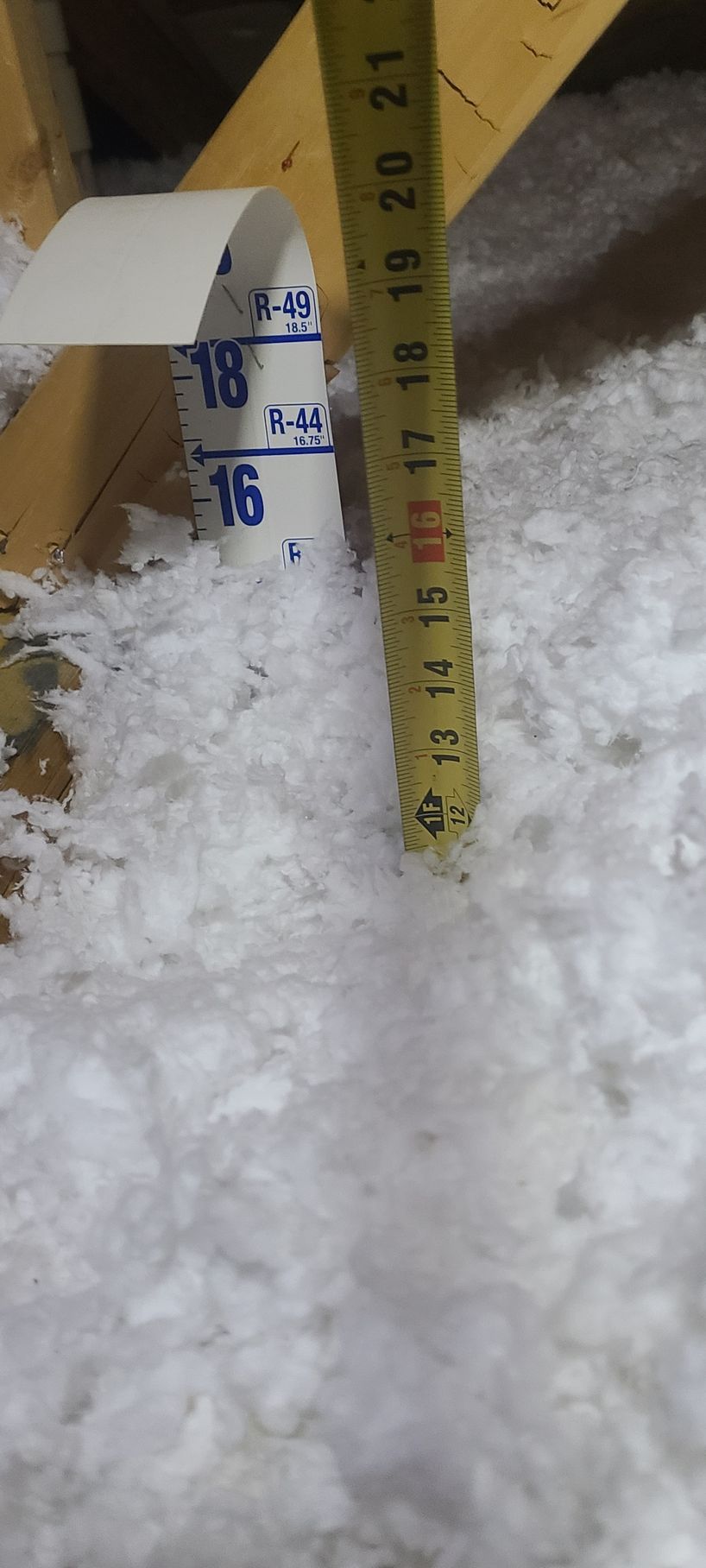 A tape measure shows insulation depth in an attic. The insulation is about 13 inches deep.