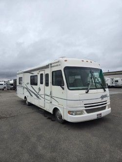 A white motorhome parked on an asphalt lot under a cloudy sky.