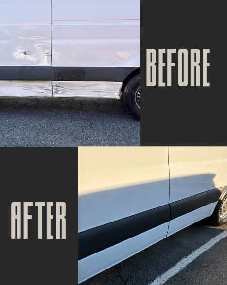 Side panel of a white van, before and after dent repair. Grey asphalt background.