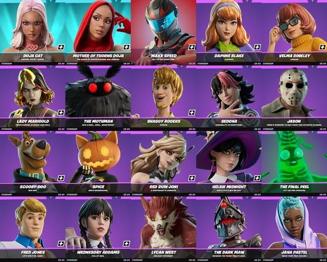 Grid of 20 stylized character portraits against a purple background, resembling a selection menu for a video game.