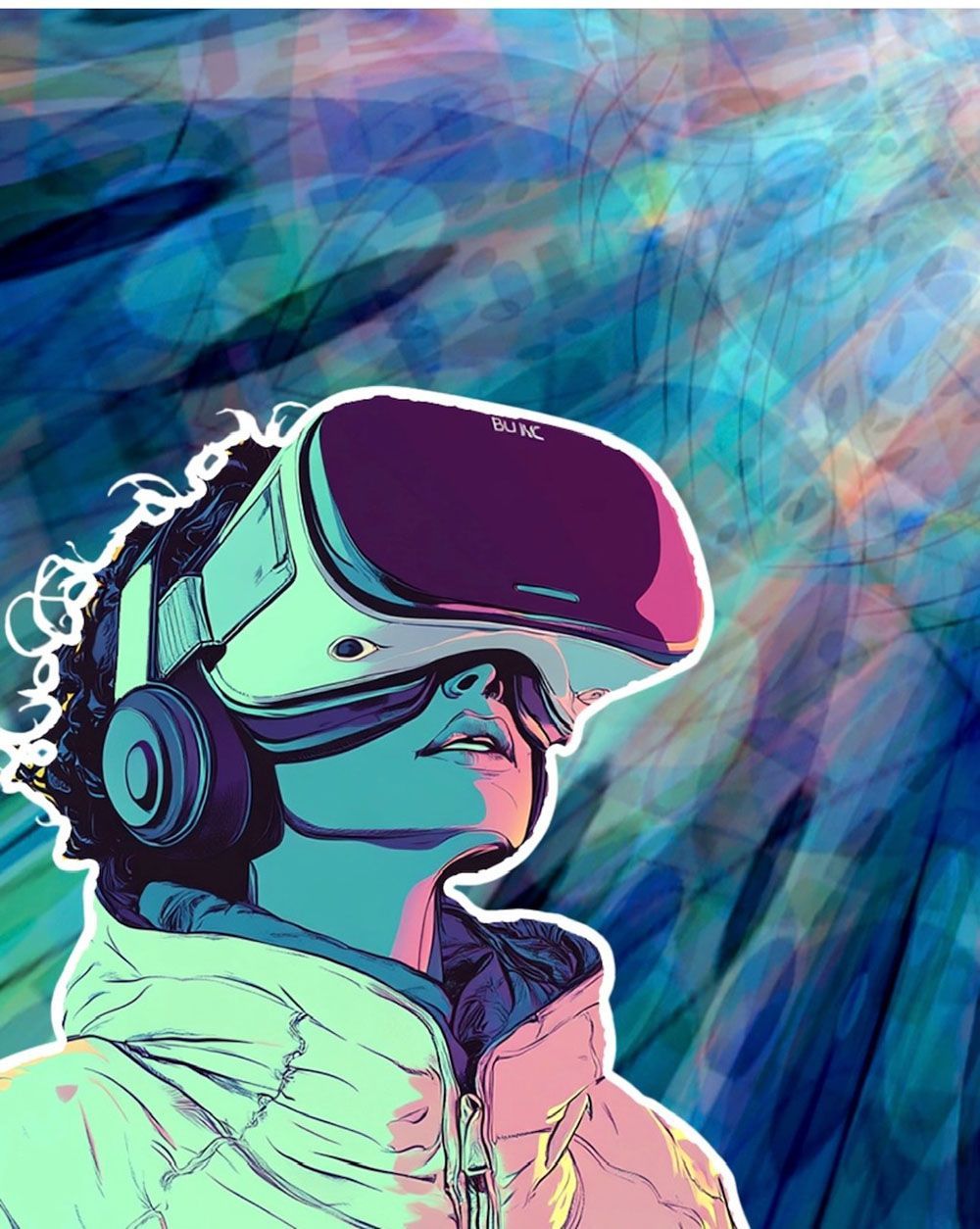 A person wearing a VR headset and headphones, depicted in a stylized, artistic illustration with blue and pink hues.