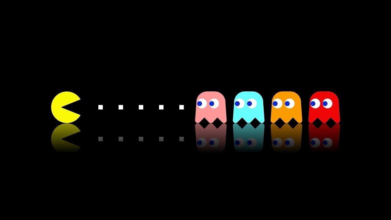 Pac-Man chasing four colorful ghosts across a black background, with reflections of all characters visible below.
