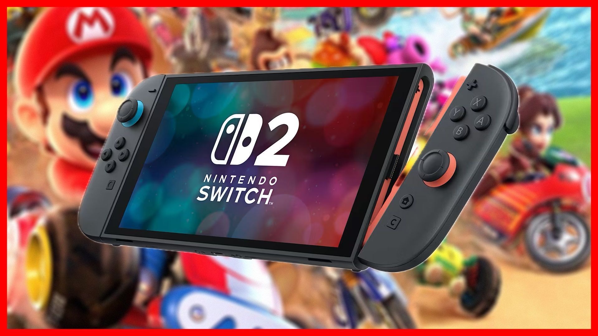 A concept render of a black Nintendo Switch 2 console with detachable controllers against a Mario Kart background.