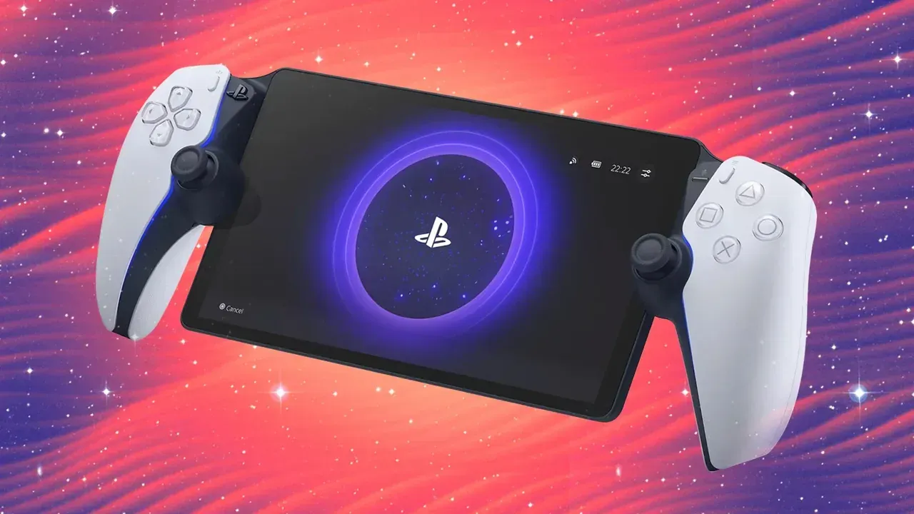 PlayStation Portal handheld with white DualSense controllers on a red streaked background