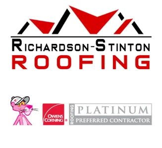 Logo: Richardson-Stinton Roofing. Red and black roofs graphic. Pink Panther with hardhat, Owens Corning logo, and Platinum Contractor badge.