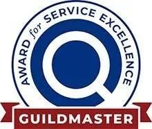 Guildmaster Award for Service Excellence seal. Blue and white circular design with red banner reading “Guildmaster.”