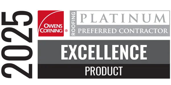 Owens Corning Platinum Preferred Contractor logo: 2025, red, black, gray. 