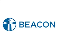 Blue and white Beacon logo with a lighthouse inside a circle.
