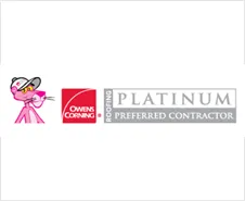 Pink Panther wearing a cap next to the Owens Corning Platinum Preferred Contractor logo.