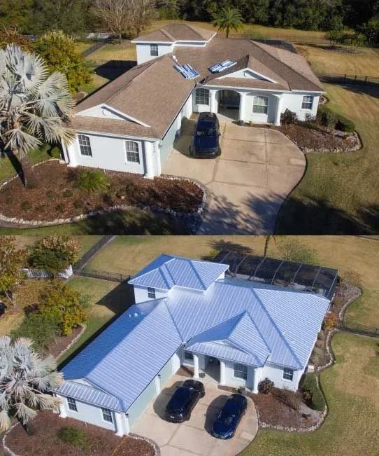 Two aerial views of a house. Top: brown shingle roof. Bottom: metal roof. Black cars parked in front.