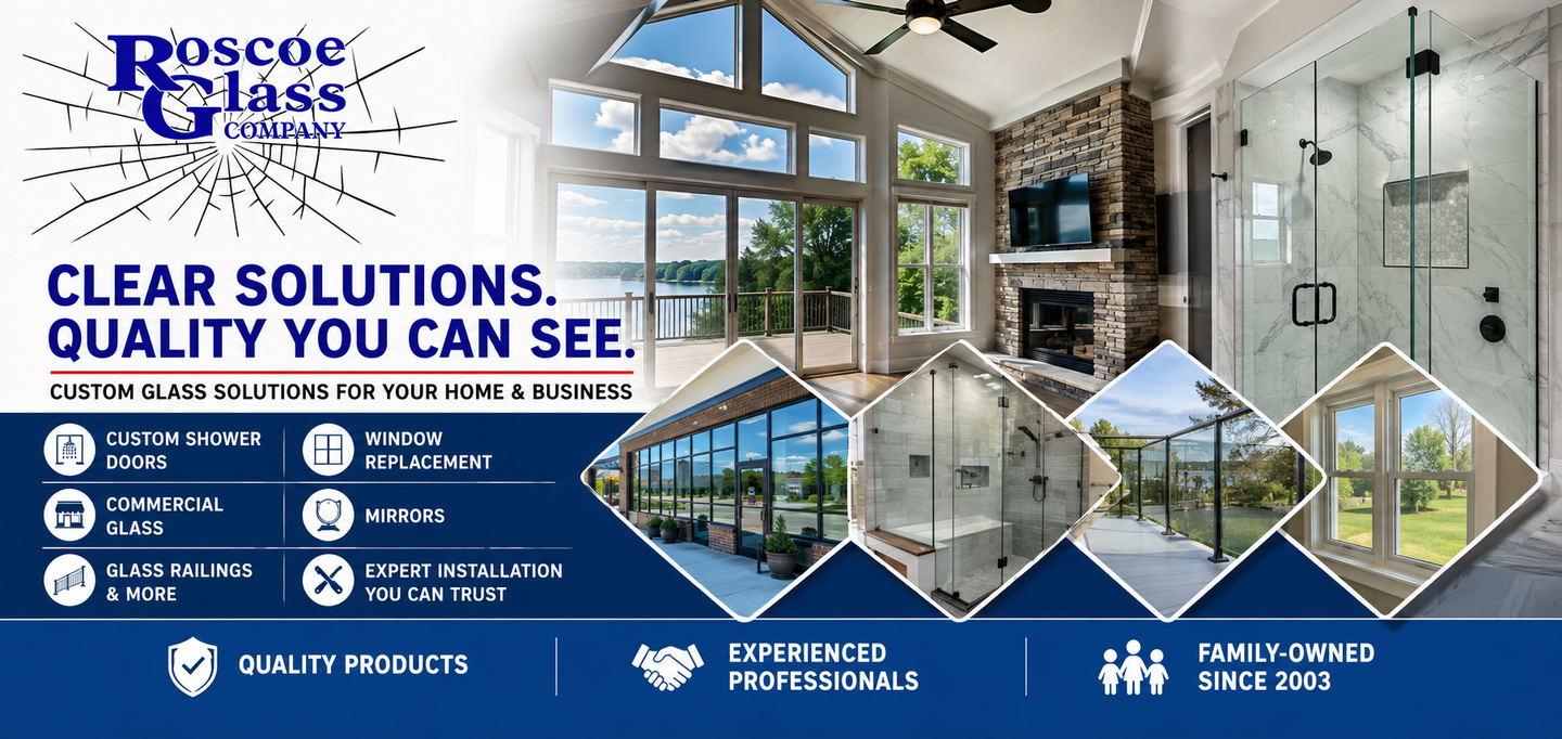 Roscoe Glass promo for clear glass solutions in a bright modern home interior with windows and shower enclosure