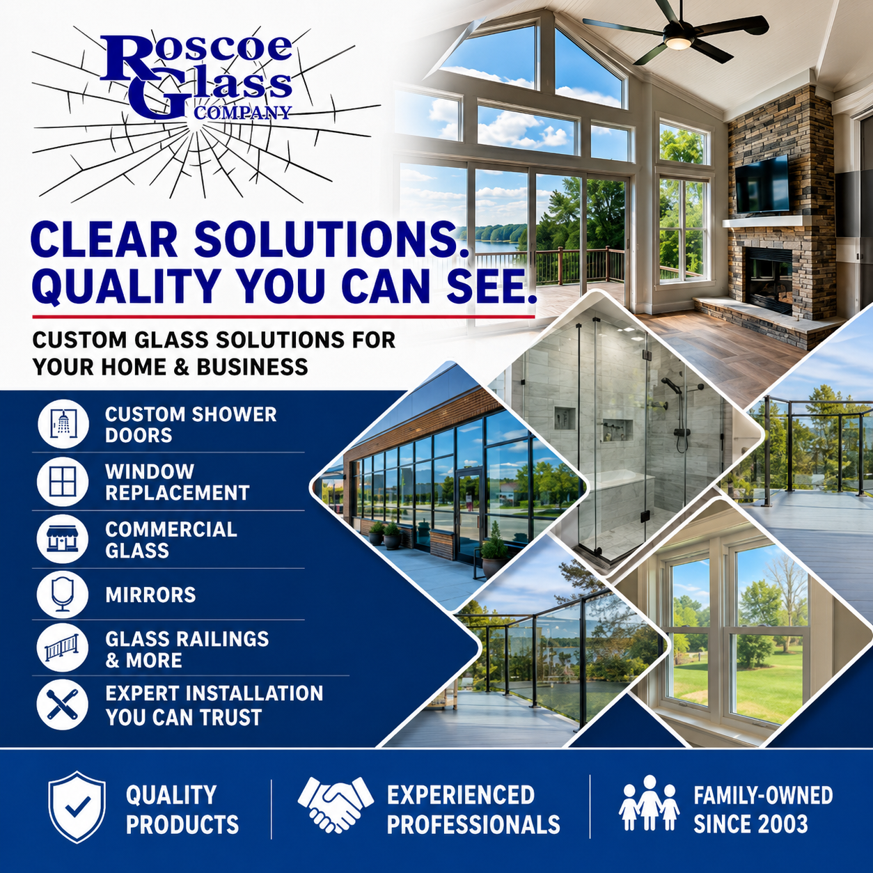 Roscoe Glass Clarksville ad with modern home windows and services list for custom glass, windows, mirrors, and repairs