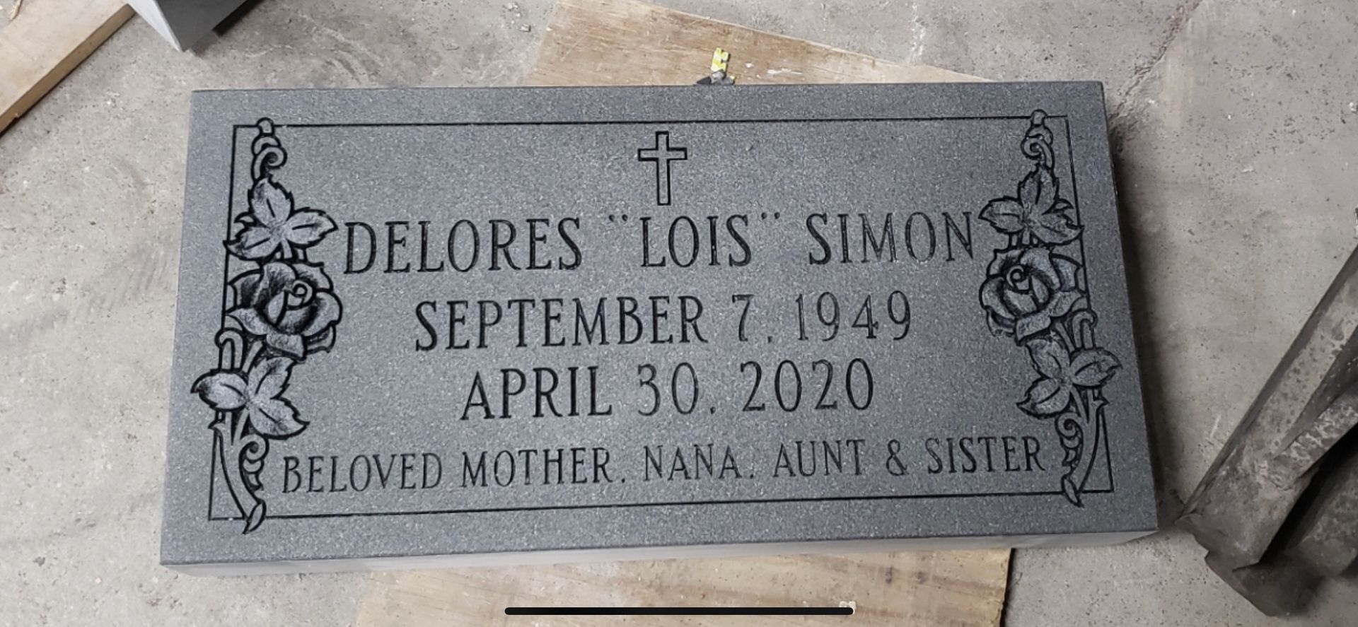 Delores Simon grey flat-style monument