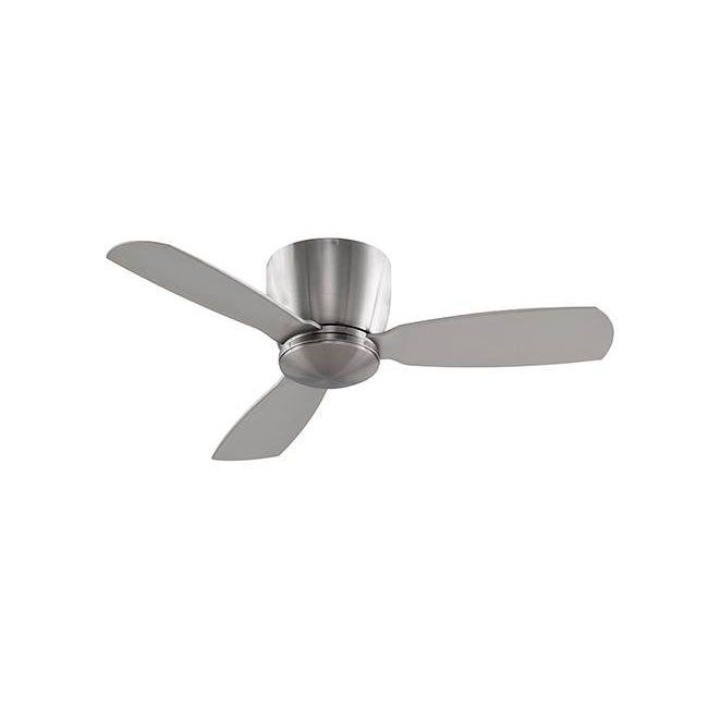 A stainless steel ceiling fan with three blades on a white background.