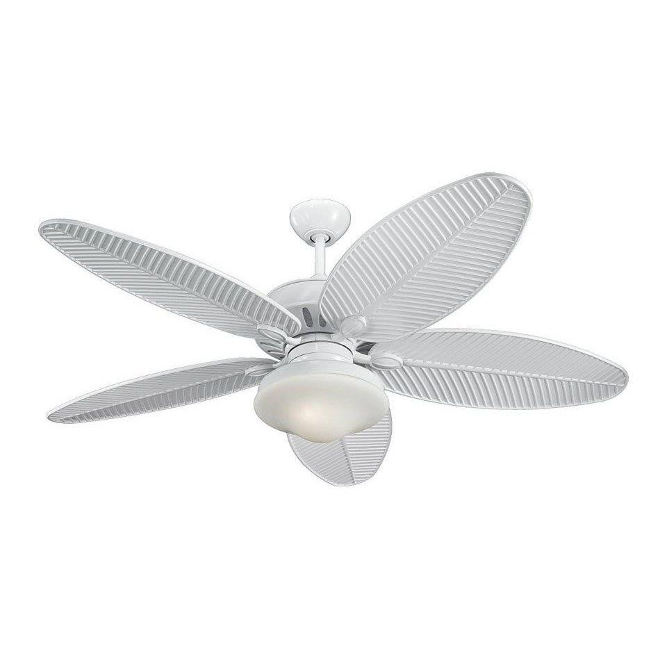 A white ceiling fan with a light on a white background.