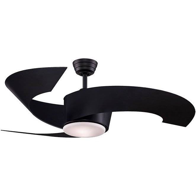 A black ceiling fan with a light attached to it