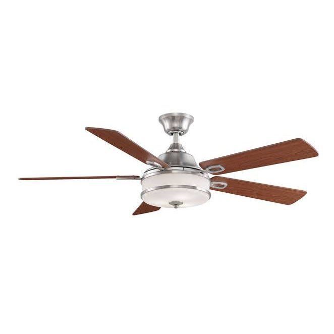 A ceiling fan with wooden blades on a white background