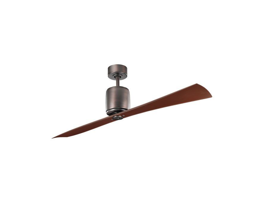A ceiling fan with two wooden blades on a white background.