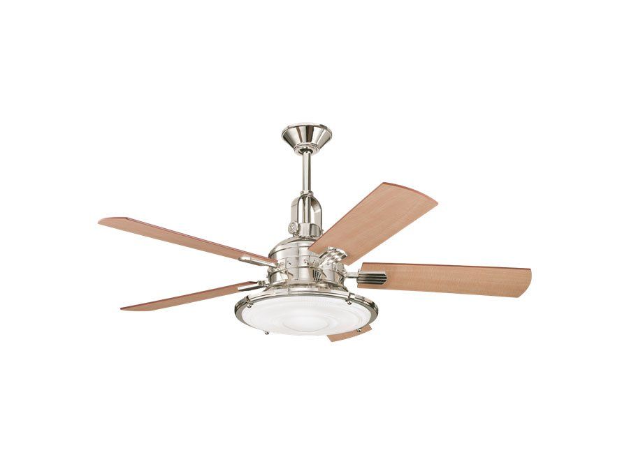 A ceiling fan with wooden blades and a light on a white background.
