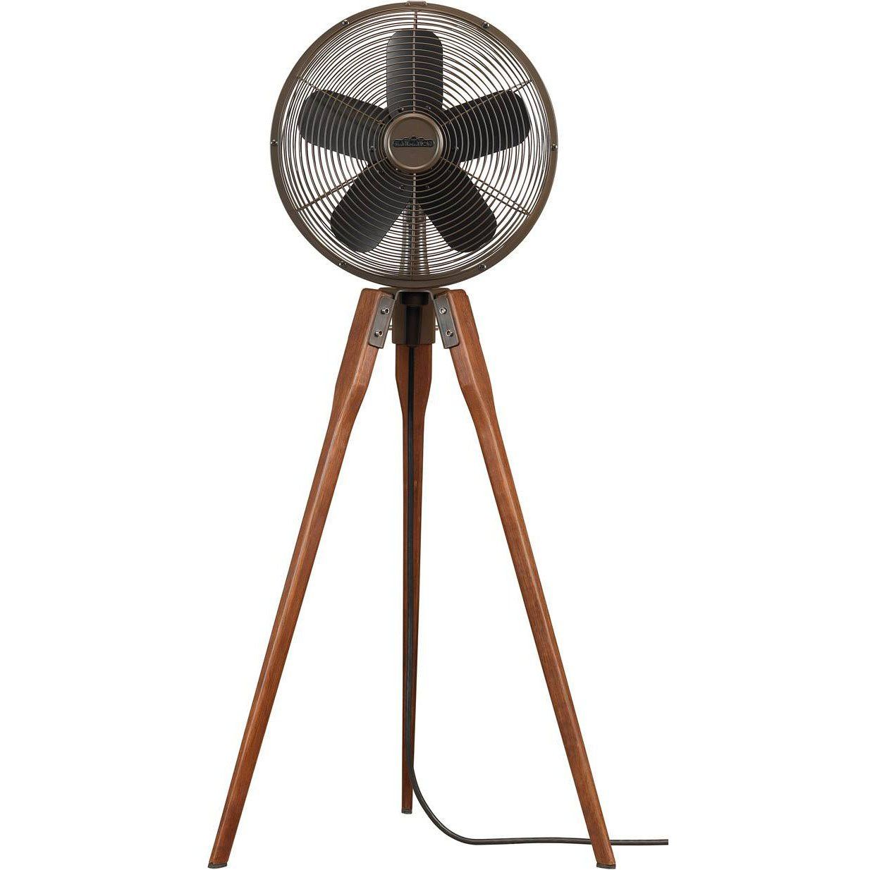 A fan is sitting on a wooden tripod on a white background.