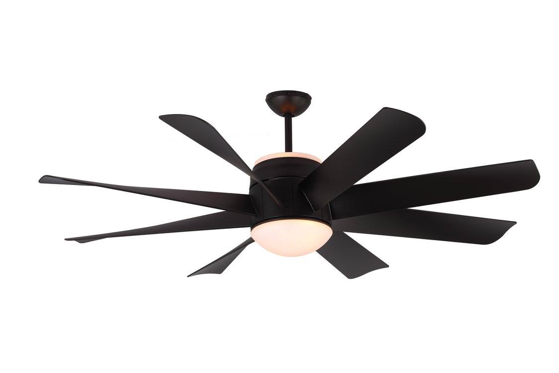 A black ceiling fan with a light on a white background.