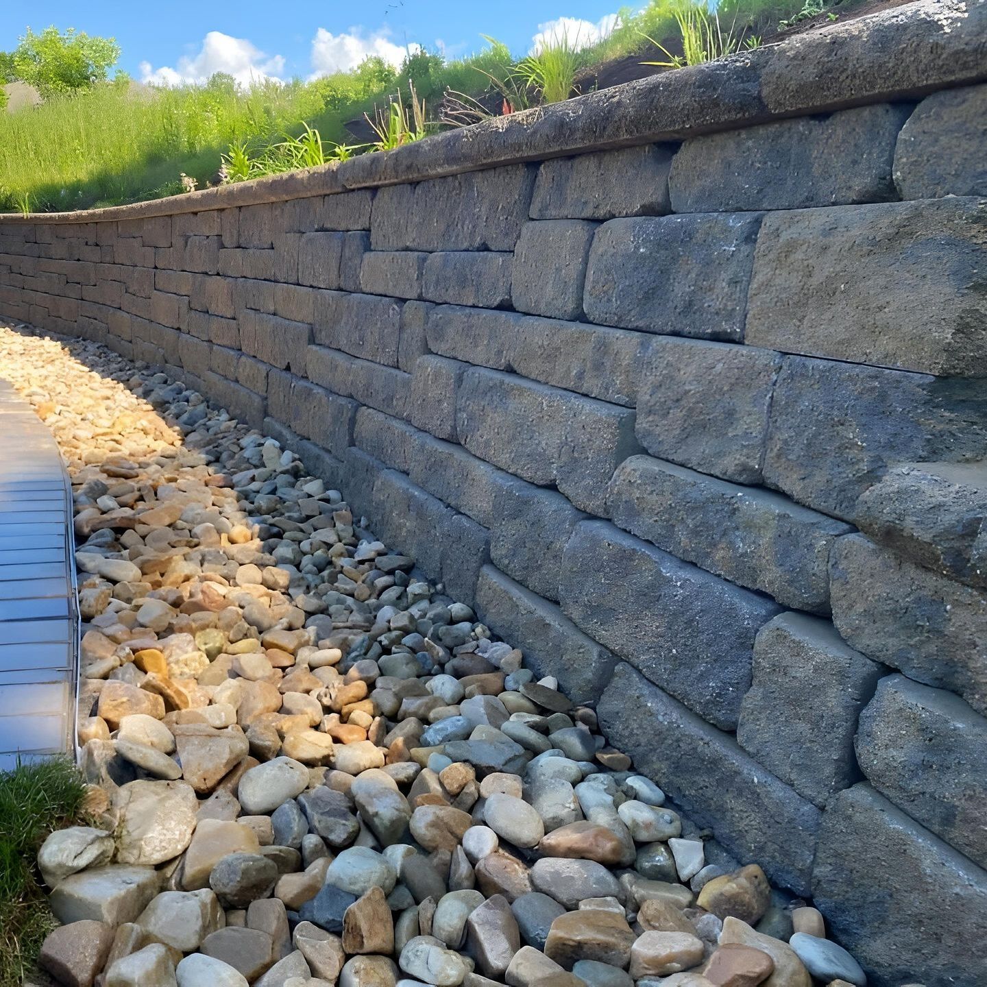 A stone wall with a lot of rocks in front of it