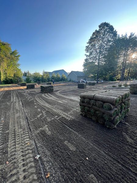 A pile of turf is sitting on top of a dirt field.