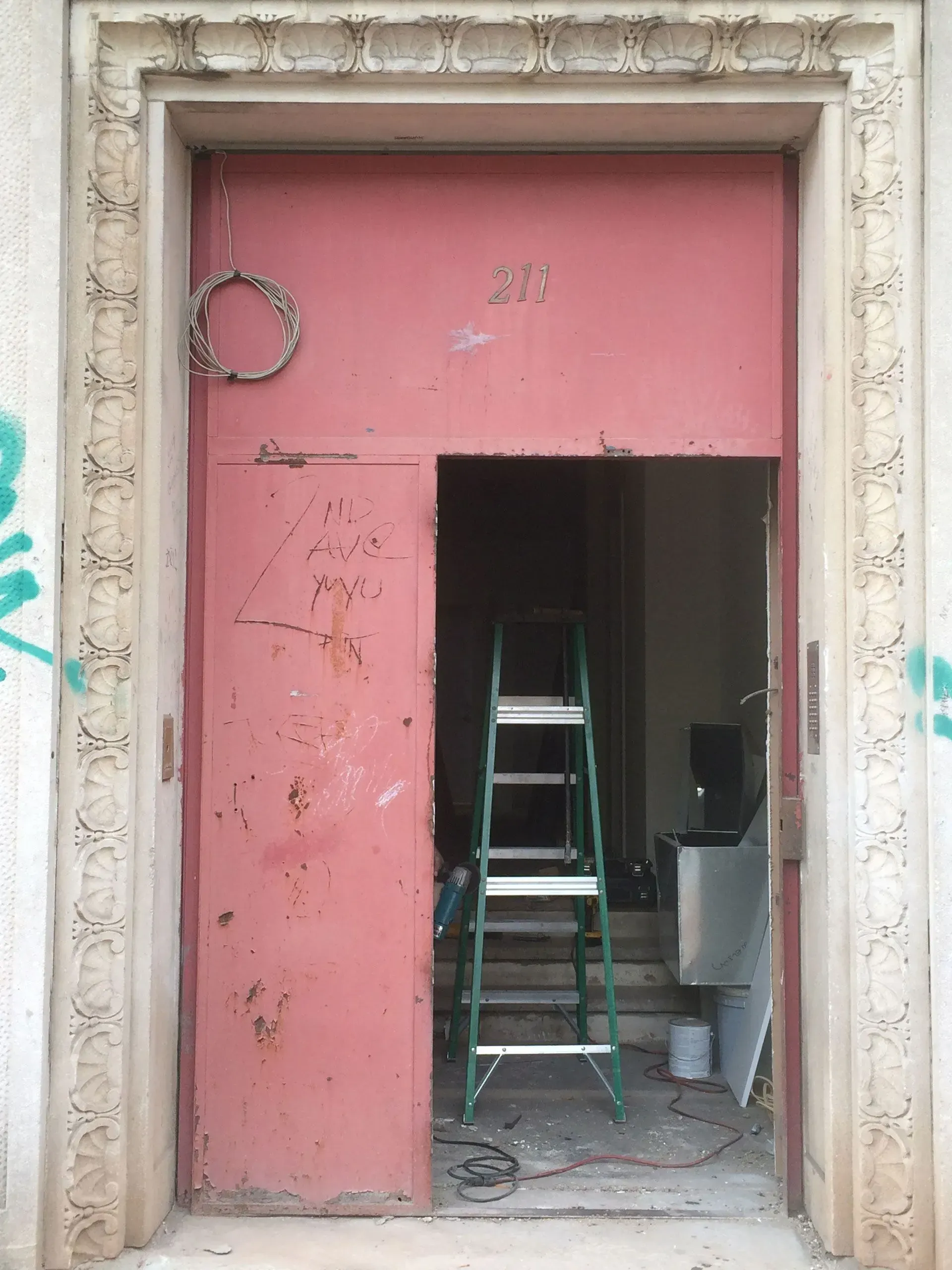 Red door with a partially open doorway, green ladder inside. Decorative frame.