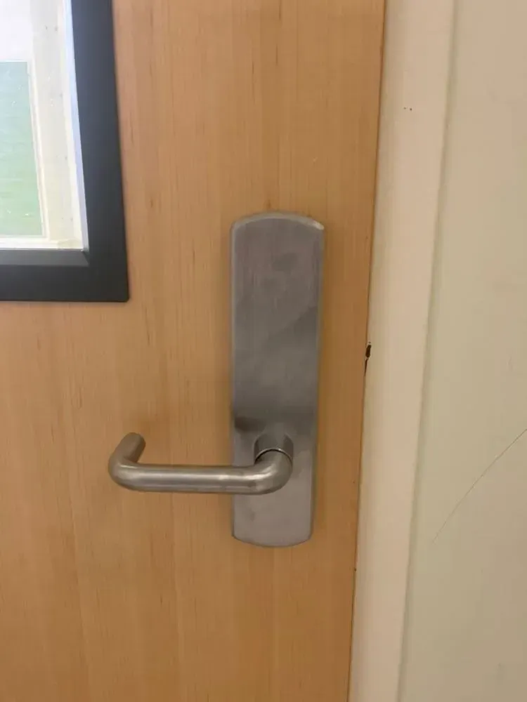 Silver door handle and plate on a light wood door, next to a white door frame.