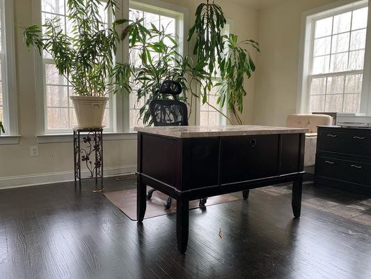 A coffee table is sitting in a living room next to a potted plant.