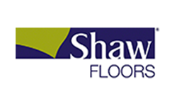 The logo for shaw floors is blue and green.