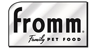 Logo for Fromm Family Pet Food, black text on a silver rectangle, with 