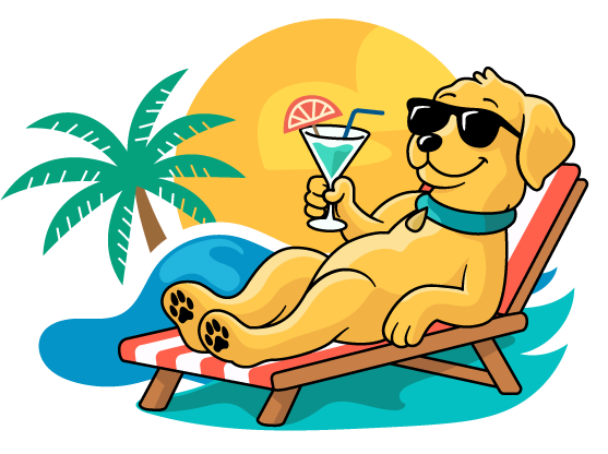 Cartoon dog lounging on a beach chair with sunglasses and a cocktail by a palm tree and pool