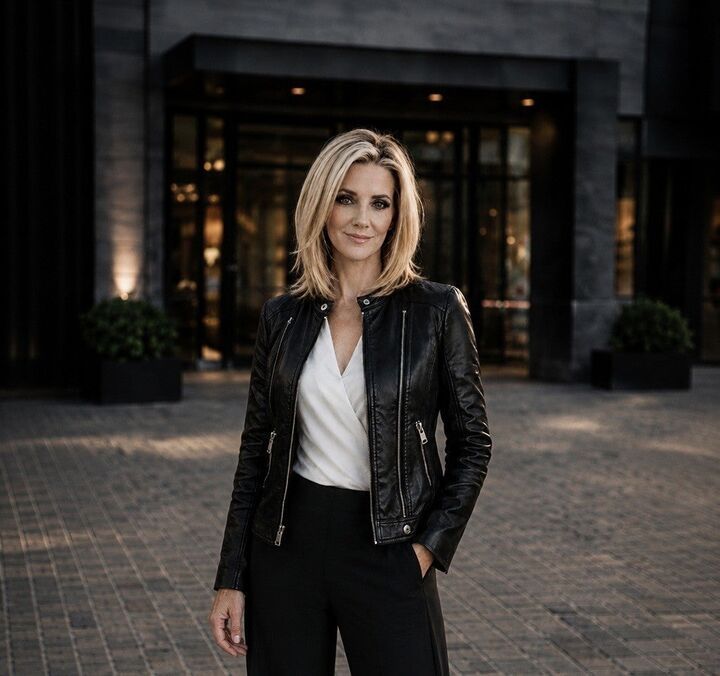 Woman in black leather jacket standing outside a modern building at night
