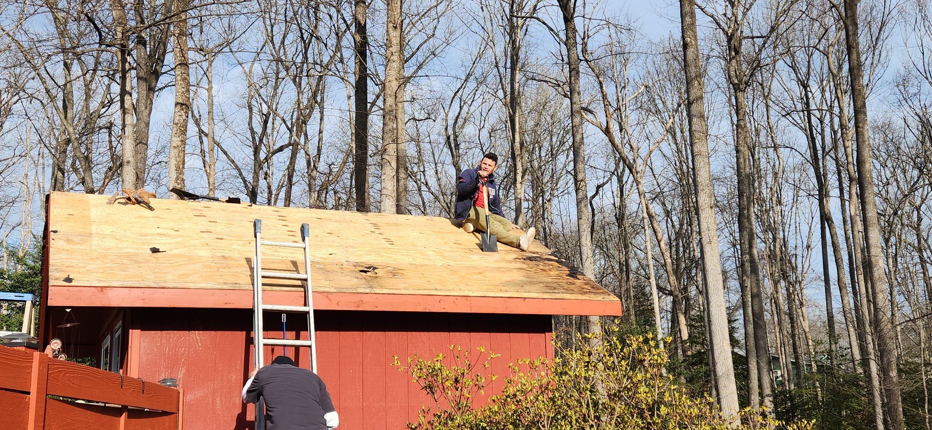 A man is working on the roof of a red shed in the woods.