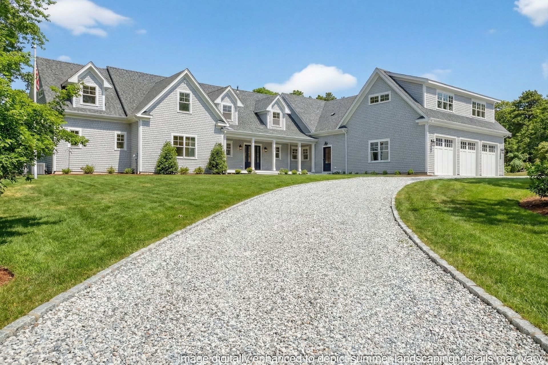 A large grey house with a white trim, a gravel driveway, and a well-manicured green lawn under a clear blue sky.