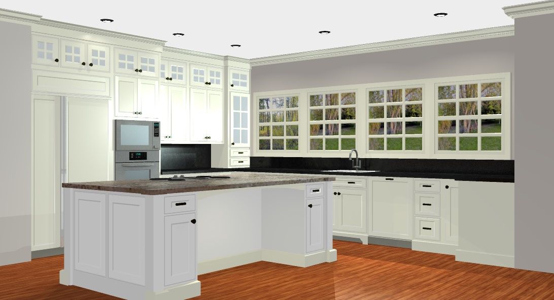 A 3D render of a white kitchen with a large island, dark countertops, wood floors, and rows of windows above the sink.