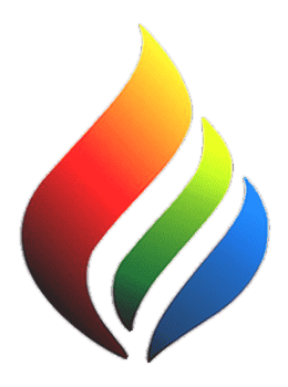 Abstract multicolor flame logo in red, orange, yellow, green, and blue on white background