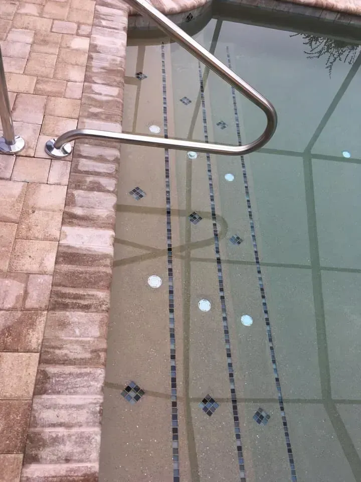 Pool with steps, handrail, and brick coping; water is clear.